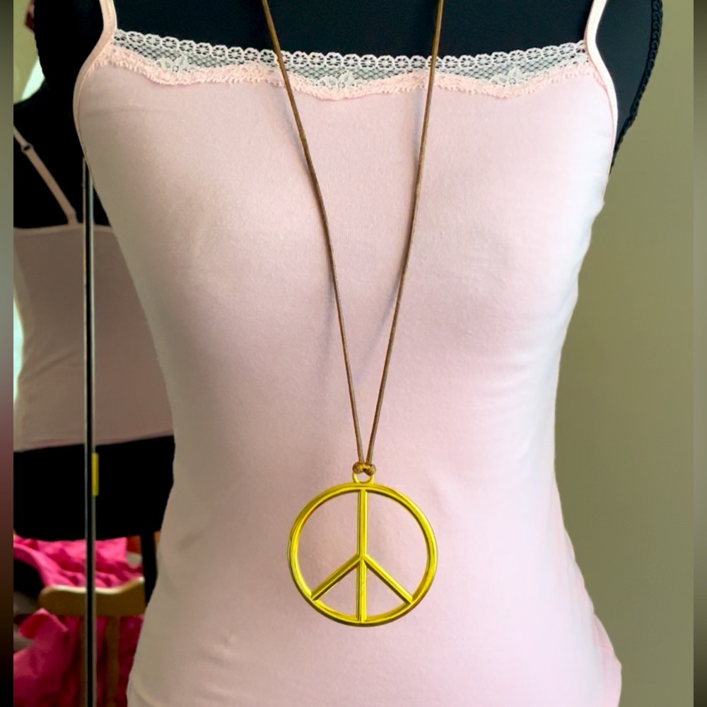 Solid Gold Peace Sign Pendant Necklace with adjustable brown leather necklace